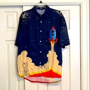 Men’s casual party shirt with rocket ship design, size XL
